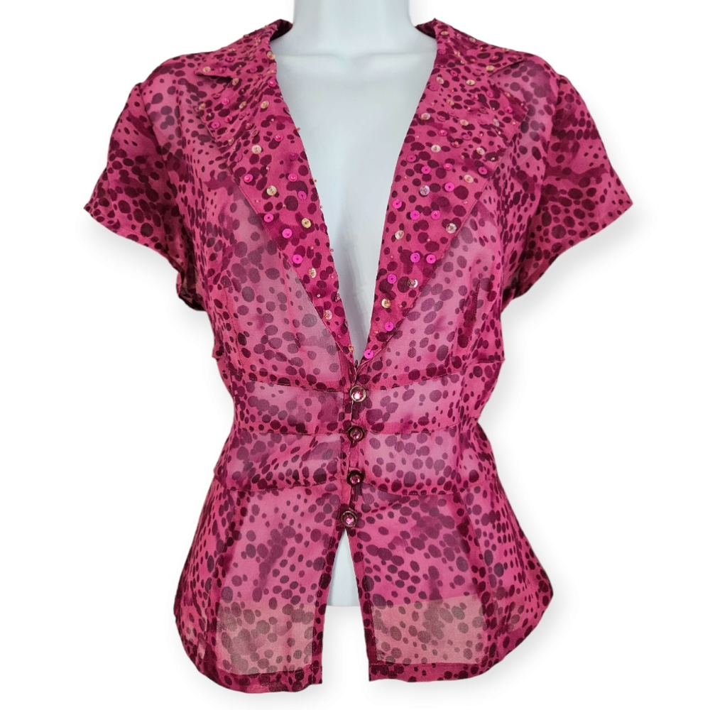 NWOT Bob Mackie sheer pink sequined jewel button silk blouse top Womens 12